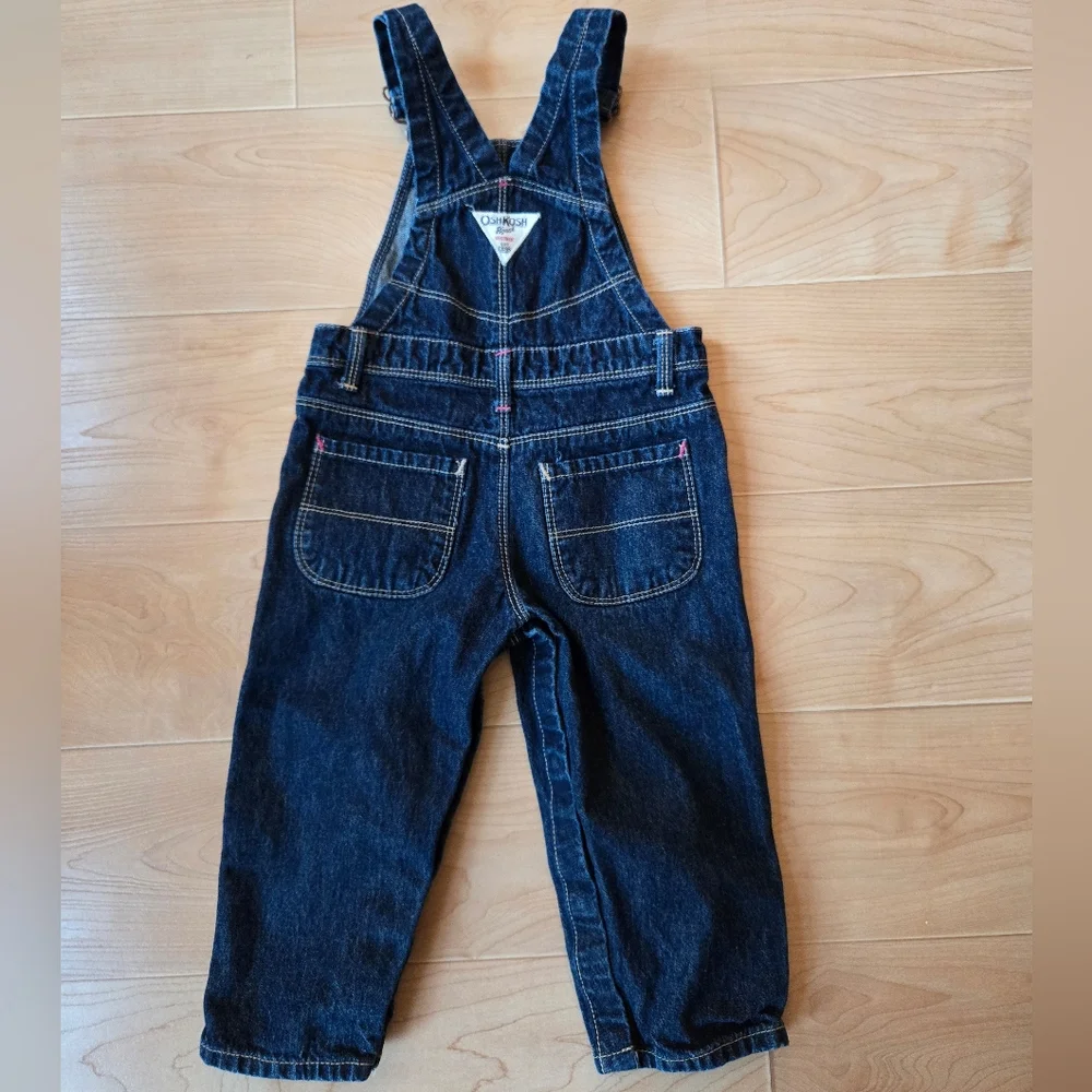 OshKosh B'Gosh dark blue denim overalls with applique patchwork hearts
